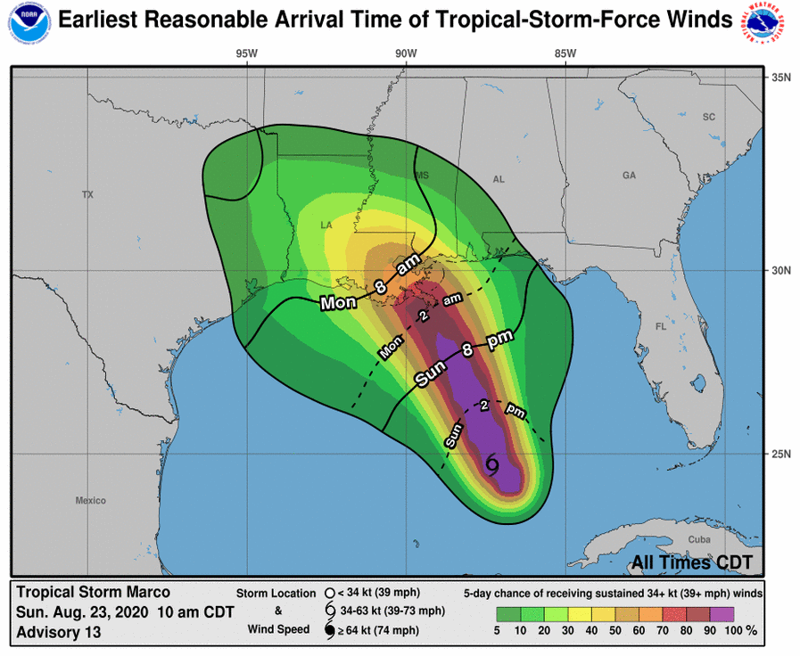 Earliest arrival time of tropical storm winds for Marco